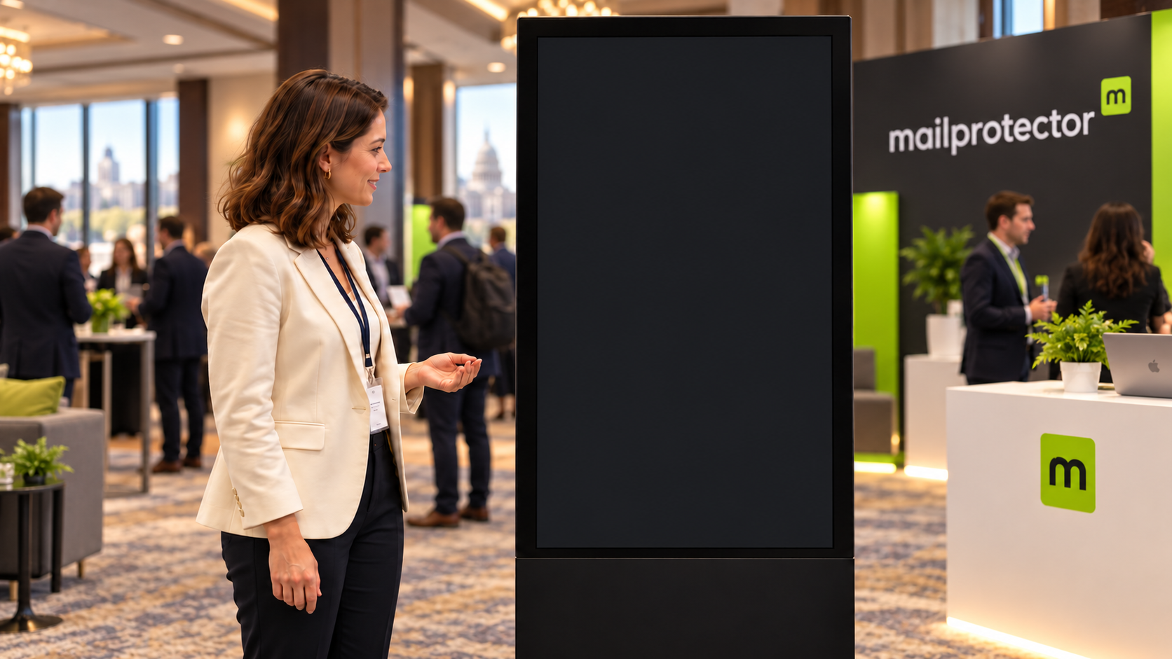Conceptual Mailprotector booth in an upscale hotel expo setting, with an attendee beside a portrait touchscreen.